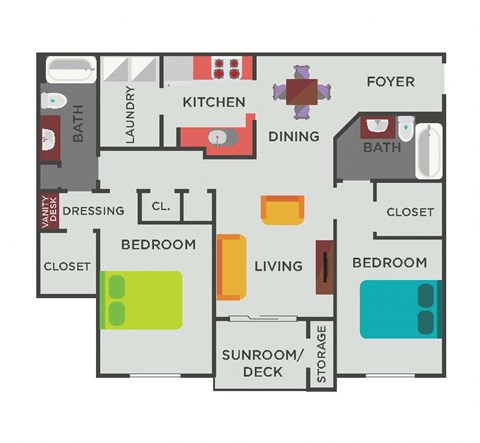 Floor plan for 2 beds, 2 baths, 1264 sqft